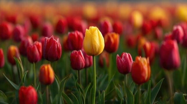 A garden filled with vibrant tulips shows a mix of red blooms and a single yellow flower standing out. The scene captures the essence of a spring day in full bloom. - Powered by Adobe