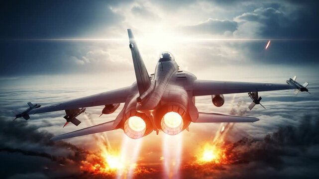 Military fighter jet rapidly ascending through a dramatic cloudy sky. Powerful engine thrust and defensive flares create fiery explosions, conveying intense aerial action