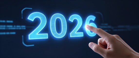 Celebrating new year 2026 innovative technology background with digital displays in a futuristic environment