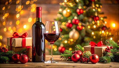 Red wine bottle and elegant glass on a wooden table with Christmas tree and gifts in warm bokeh light