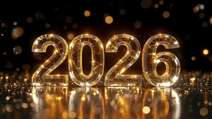 3d illustration of a gold neon 2026 sign with new year greeting text for a happy holiday celebration calendar card design vector