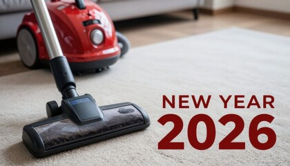 Fototapeta premium New year 2026 cleaning innovations home interior technology background cozy environment modern viewpoint