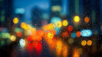 Fototapeta premium Colorful City Lights Bokeh on a Rainy Night Through a Wet Window