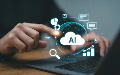 AI cloud computing and data analytics concept. Businessman touching virtual globe with cloud AI icon image