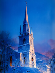 Majestic Snow Covered Church Steeple at Twilight