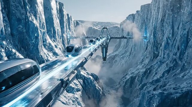 Futuristic high speed transport system racing through icy canyon showcasing advanced engineering and science fiction mobility vision. Futuristic transport through icy canyon