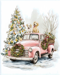 Cheerful Pink Christmas Truck with Golden Retrievers and Snow