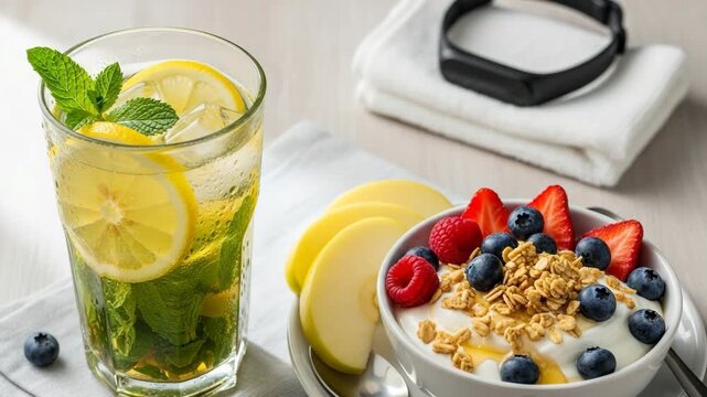 Refreshing lemon mint drink with ice and fresh fruit. Healthy yogurt bowl with granola, mixed berries, and sliced apple. Fitness tracker and towel for a complete healthy lifestyle