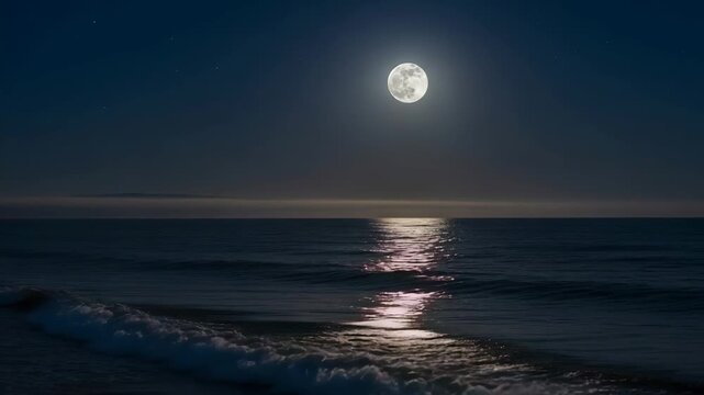 Full moon shining brightly over the dark ocean at night. Moonlight reflects on gentle waves creating a shimmering path. A tranquil and mysterious nocturnal seascape