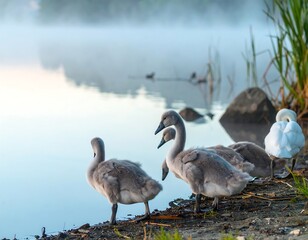 Misty morning with baby swans