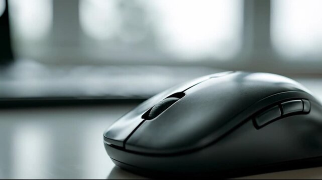 Close up of black wireless computer mouse on white desk in modern office workspace
