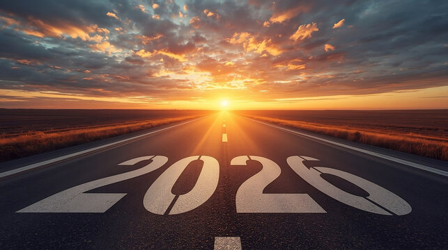 Wide-angle photograph of an empty asphalt road stretching toward the horizon at sunrise, with Large white painted year 2026 centered. Concept of progress, future, and new beginnings.
