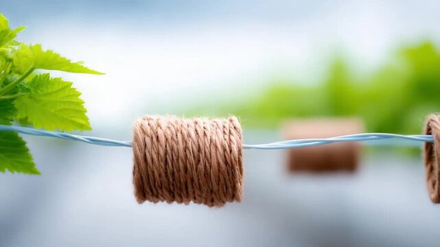 Coils on a Line: Close-up focus on a series of neatly coiled objects strung along a delicate wire, with natural leaves, all set against a blurred background. 