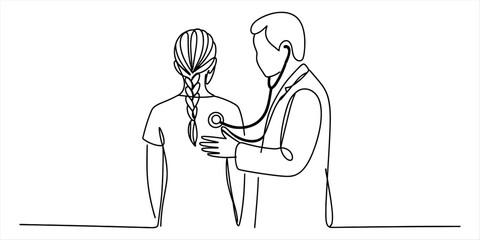 Continuous line drawing of a doctor using a stethoscope to examine a patient's back Vector, illustration