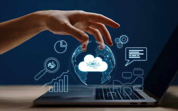 AI cloud computing and data analytics concept. Businessman touching virtual globe with cloud AI icon image - Powered by Adobe