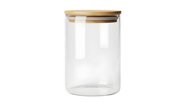 Clear glass storage jar with wooden bamboo lid for kitchen pantry organization and food preservation isolated on transparent background