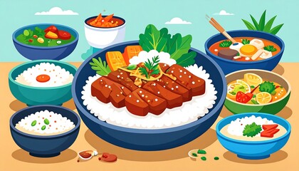 Colorful Asian food dishes on a table