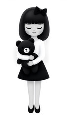 Illustration girl character concept with teddy bear hug featuring minimalist style, soft monochrome palette, and peaceful tranquil mood