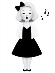 Illustration singing girl character with singing pose and music notes featuring minimalist style, soft monochrome palette, and elegant mood