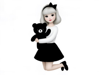 Illustration girl character portrait with teddy bear embrace featuring minimalist style, soft monochrome palette, and warm emotional mood
