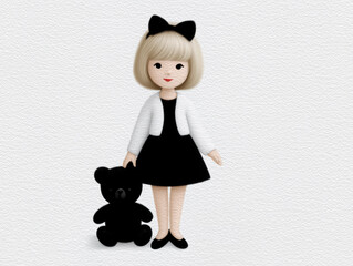 Illustration girl character with teddy bear companion in minimalist style, soft neutral palette, and gentle serene mood