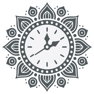 Decorative clock face with floral ornamental border, vintage style time illustration, gray design element for graphic projects