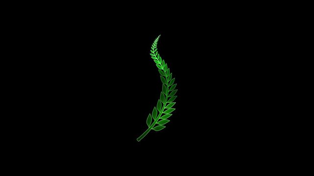 Glowing Neon Curved Red Laurel Leaf Design on Black Background.