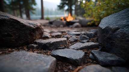 Obraz premium A low angle view of a rocky campsite with a glowing campfire by a serene lake at twilight
