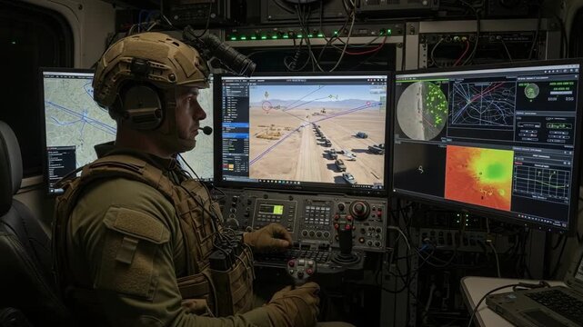 Male adult operator in tactical gear monitors multiple screens displaying real-time mission data. He controls advanced systems for strategic defense operations