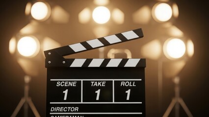 Black movie clapperboard with Scene 1 Take 1 text. Film production slate against warm bokeh studio lights. Cinema and filmmaking concept
