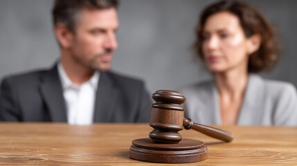 Legal mediation meeting with brown wooden judge gavel on desk as middle aged man and woman discuss serious dispute and resolution process