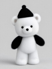 Illustration bear character with raised arm gesture wearing knit hat, featuring soft plush texture, minimalist style, and friendly playful mood