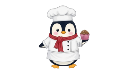 Cute Cartoon Chef Penguin Character Wearing Hat and Holding a Chocolate Cupcake isolated PNG with Transparent Background