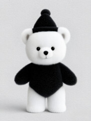 Illustration bear character design wearing knit hat and sweater featuring soft plush texture, minimalist style, and gentle cozy mood