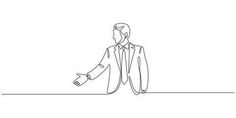Continuous one line drawing of a businessman offering a handshake, greeting gesture on transparent background, Minimalist concept Vector illustration.