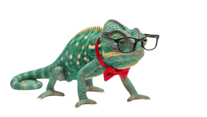 Funny Green Veiled Chameleon wearing Hipster Glasses and a Red Bow Tie isolated PNG with Transparent Background