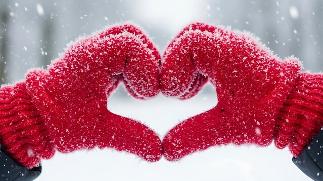 Winter heart formation with red mittens illustration