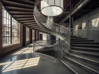 Striking modern spiral staircase in an industrial-chic interior, illuminated by large windows, blending raw materials with refined design, an architectural statement