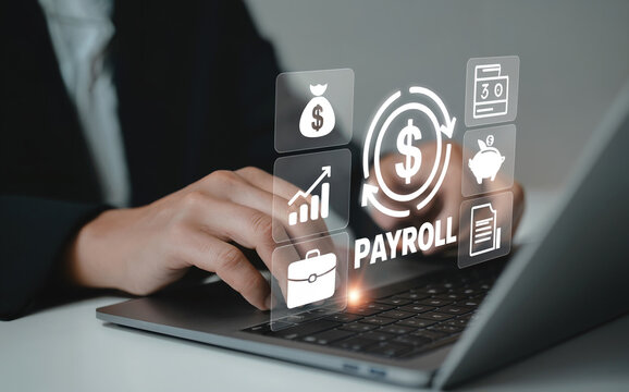 Businessman working on laptop with payroll management system icons image