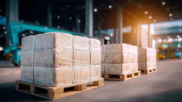 Warehouse Pallets: Rows of neatly stacked pallets laden with wrapped goods, showcasing the efficiency of a bustling warehouse and the meticulous organization required for smooth logistics.