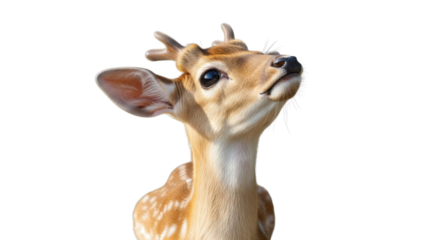 Isolated Close-up Portrait of a Young Spotted Male Deer Fawn Looking Up isolated PNG with Transparent Background