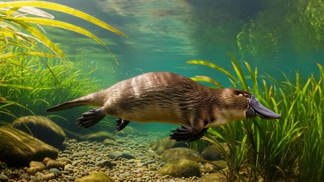 A platypus swims gracefully through clear freshwater. Its unique bill and webbed feet propel it past vibrant green aquatic plants. The riverbed is covered with smooth pebbles and rocks