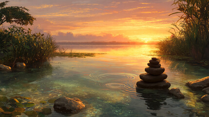 Peaceful Golden Hour Lake with Zen Stones