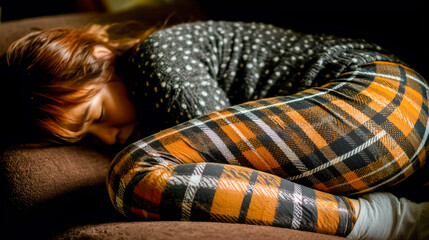 Resting young asian woman in comfortable plaid pajamas