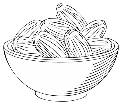 Bowl of dates illustration, traditional fruit design, lined drawing, healthy food