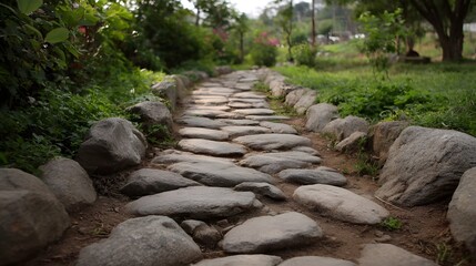 A winding stone pathway leads through a serene garden on a bright afternoon