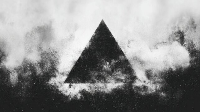 Artistic black triangle shape surrounded by gray and white cloud-like patterns