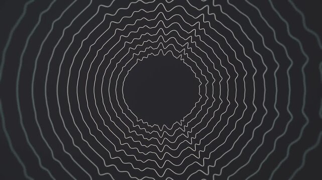 Hypnotic, monochrome tunnel of vibrating, circular waves. Abstract 4K animation