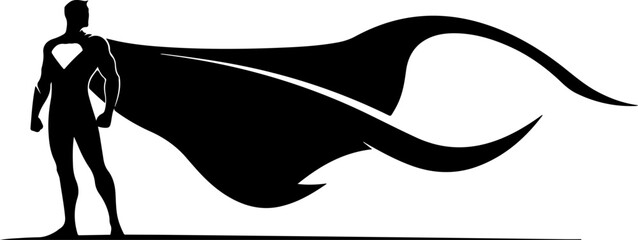 Superhero Silhouette Standing on Rock &ndash; Powerful Hero Black Vector Illustration