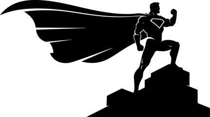 Superhero Silhouette Standing on Rock &ndash; Powerful Hero Black Vector Illustration